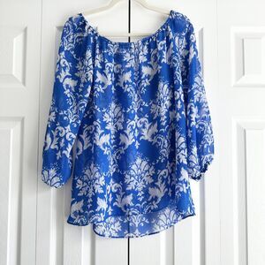 Show Me Your Mumu Blue White Peasant Blouse Small Sheer Boho Floral Top